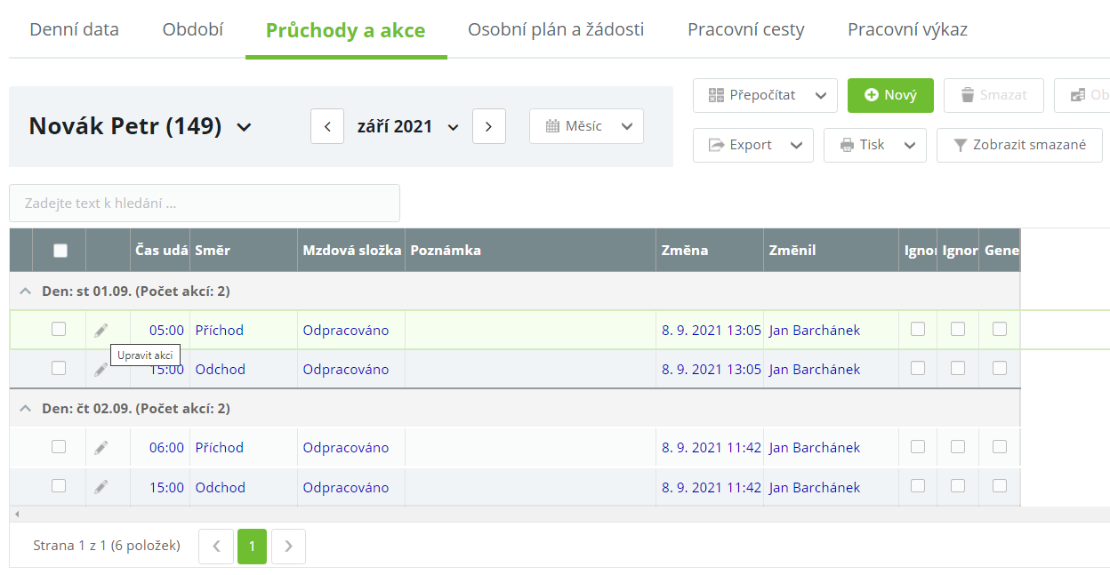 Obr. 47: Osobní výkaz – záložka Průchody a akce